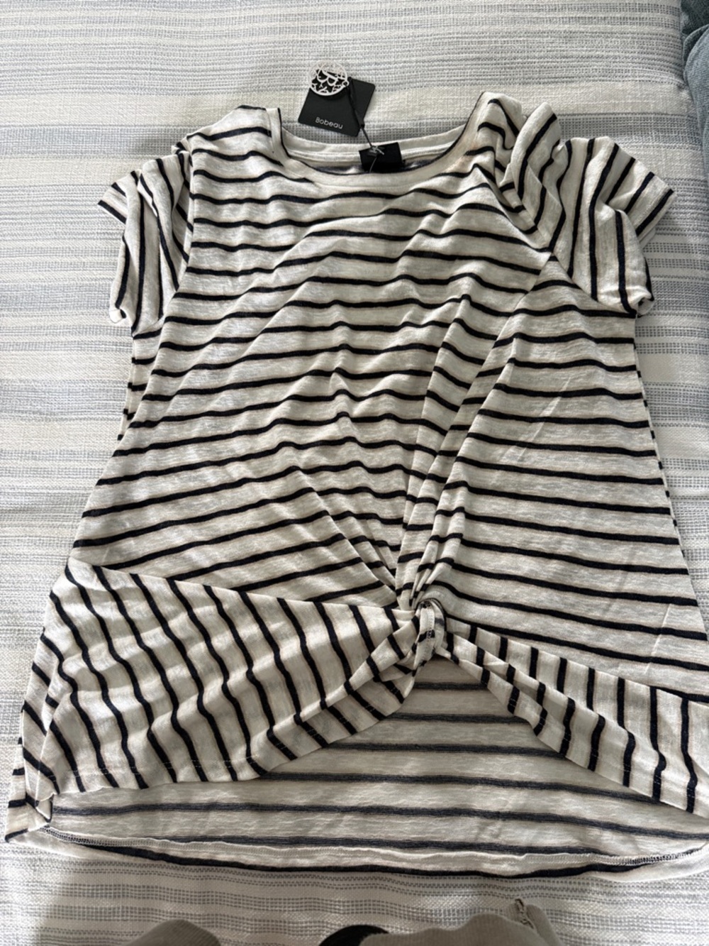 bobeau Black & White Striped Knot-Front Short Sleeve Tee